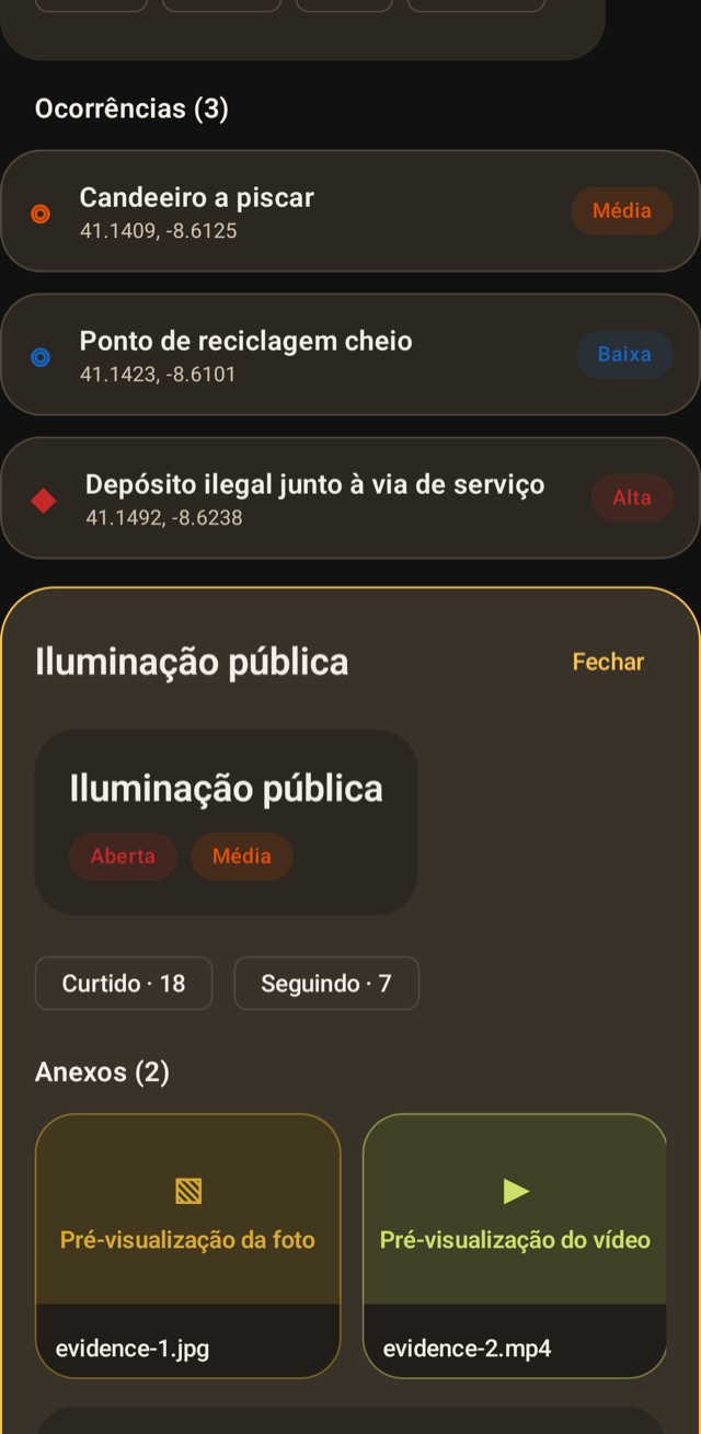 Android app in dark mode in Portuguese showing an occurrence detail