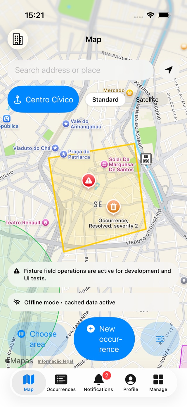 Mobile app map with a monitored area and occurrence pins