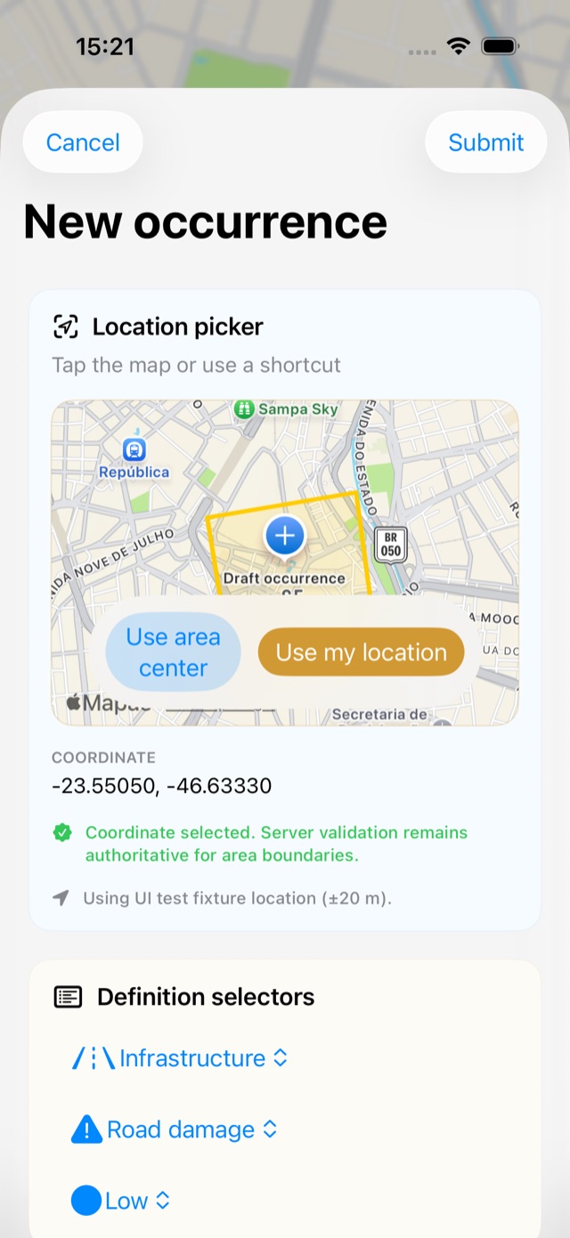 New occurrence screen with location picker and category selectors