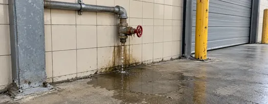 Leaking pipe joint beside the loading bay gate