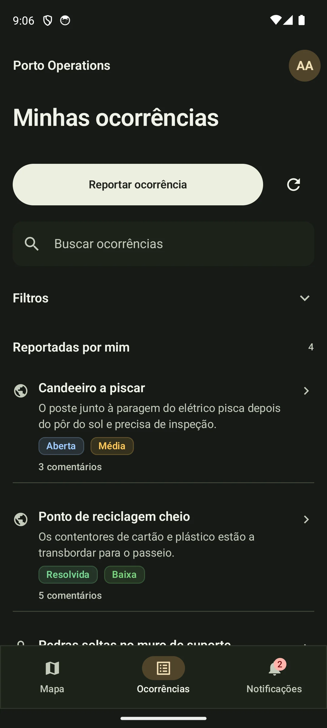 Android occurrence list in dark mode, in Portuguese