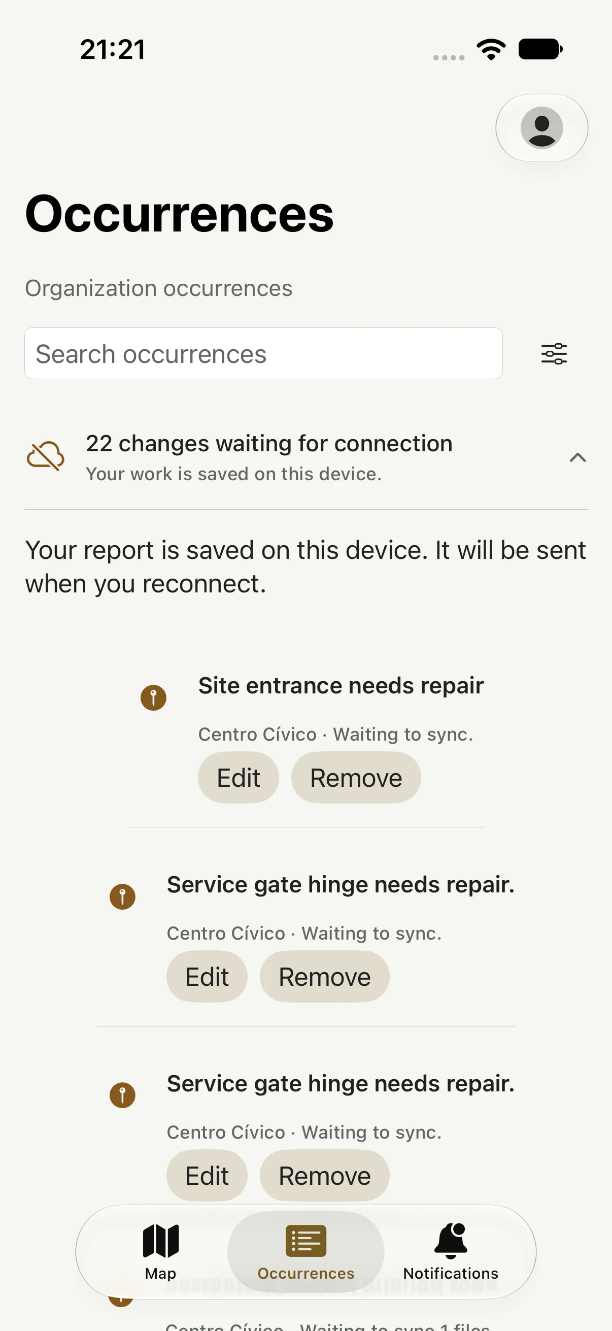Offline queue with saved reports and edit or remove actions