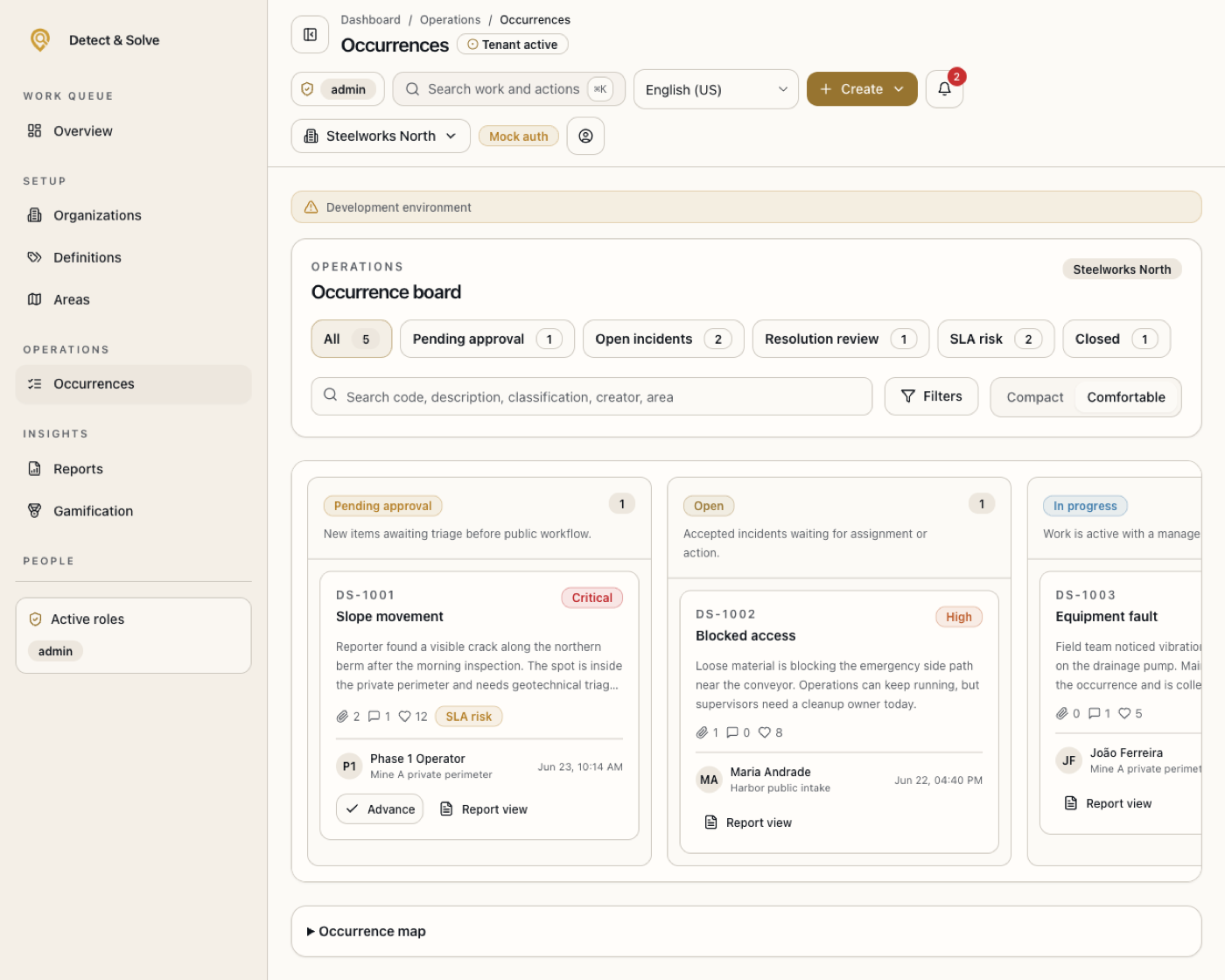 Occurrence board with pending approval, open and in progress columns