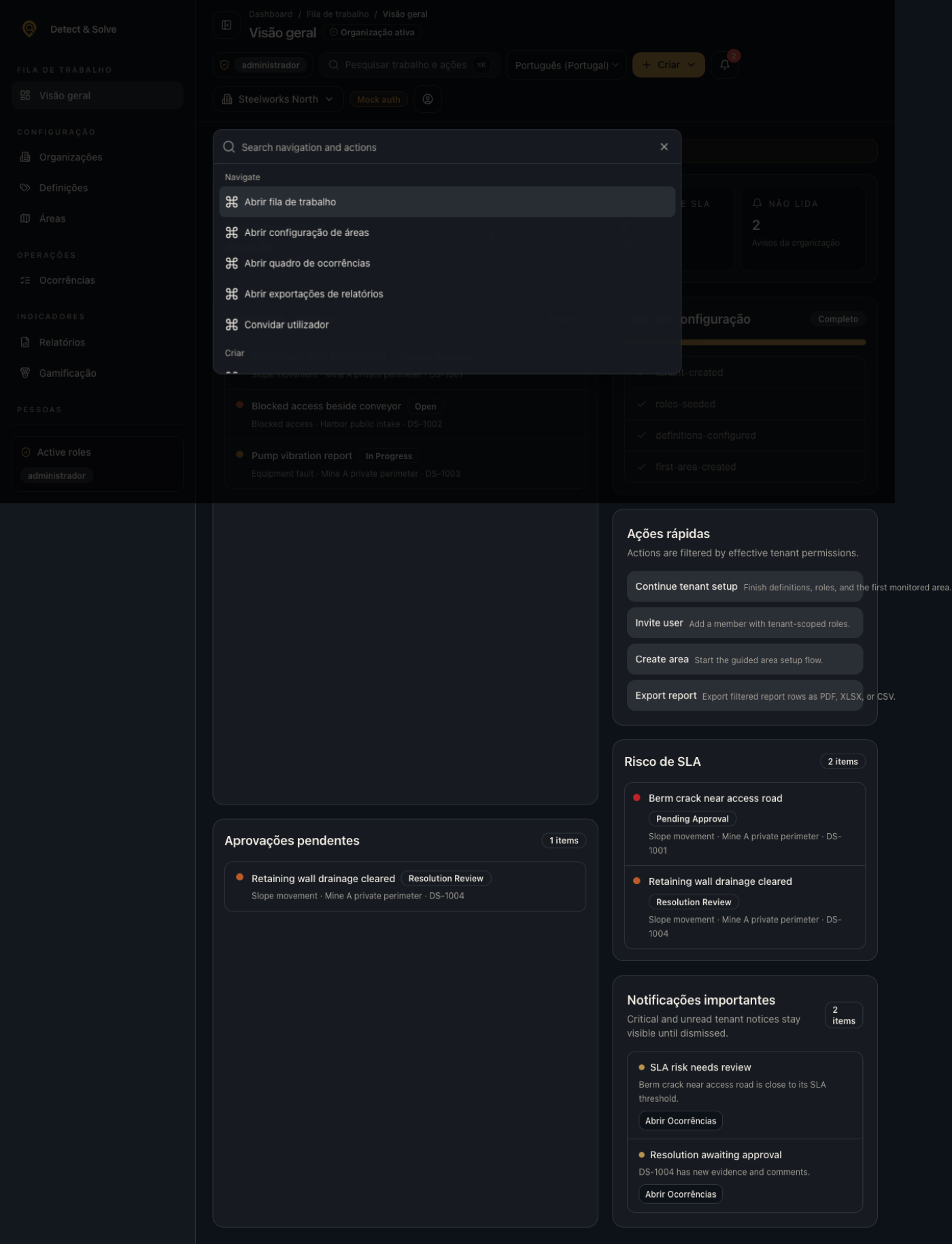 Dashboard in dark mode in Portuguese, with the command palette open